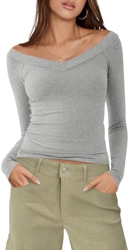MIHOLL Womens Long Sleeve Off The Shoulder Tops Y2K Going Out Slim Fit Crop V Neck Shirts Fall Fashion Clothes Outfits