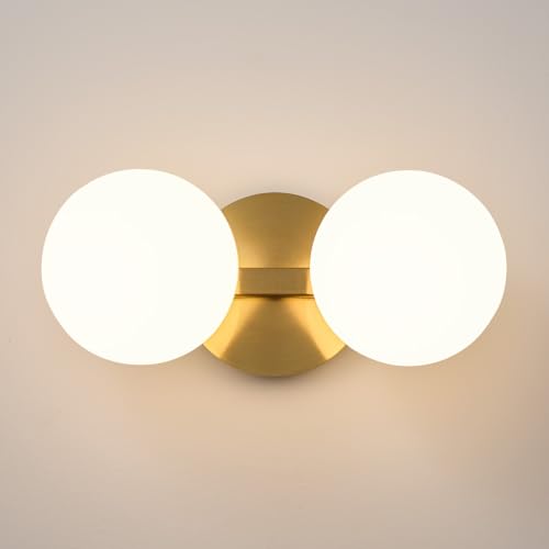 Image of Gold Globe Wall Sconce,Vanities Lights with 2 Milk Glass Shades | 6 inch Modern Spherical Vanity Sconces,Contemporary Small Brass Ball Lights Fixture for Entryway Bedside Bathroom,E26 Base