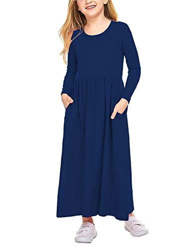 21Kids Girls Maxi Dress Kids Casual Long Sleeve Long Dresses With Pockets, Dark Blue, 10Years #TOP1