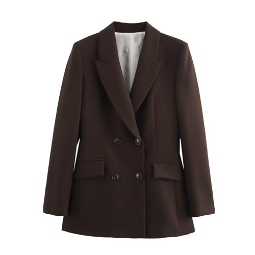 Women's Stylish Double-Breasted Blazer with Elbow Patches, Notch Lapel Suit Jacket