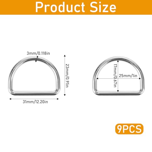 Aiyorse 9 Stück D-Ring 25mm Halbrunder D-Ring Taschenzubehör Metall-D-Ring Nahtloser Stahl Halbringe D-Ringe für Halsbänder,Karabiner,Gurtbänder,Taschen,Hundeleine,Hand-Diy-Zubehör