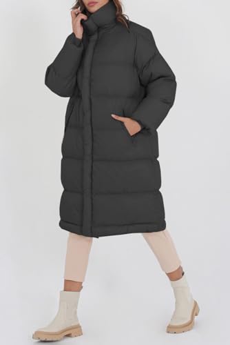 Fazortev Women's Long Puffer Jacket Stand Collar Zip Baggy Down Coats with Side Pockets Outwear3