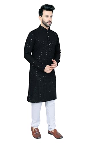 Men's Embroidered Kurta and Straight Pants Set, Multicolor, Viscose Rayon, Knee-Length, Kurta for Men (BLACKK, LARGE)2