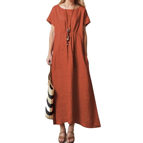 Akivide Womens Flowy Cotton Linen Dress Crewneck Short Sleeve Summer Casual Solid Vacation Midi Dress with Pockets