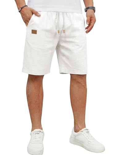 Volemo Short Homme Coton Lin, Bermuda Décontractée d’Été avec Taille Élastique et Cordon de...