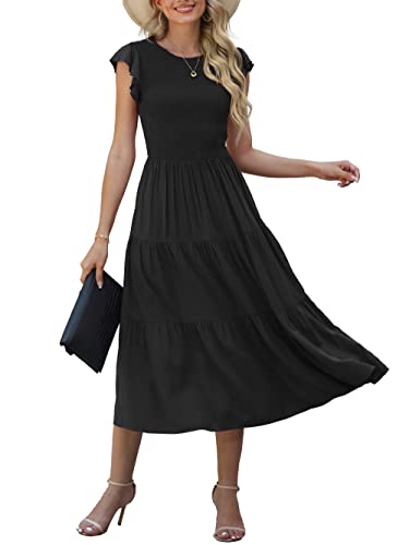 GRECERELLE Womens Summer Maxi Dress - Casual Midi Smocked Ruffle Sleeve Elastic Waist Crew Neck Tiered Cocktail Long Dresses for Ladies (Black, M)
