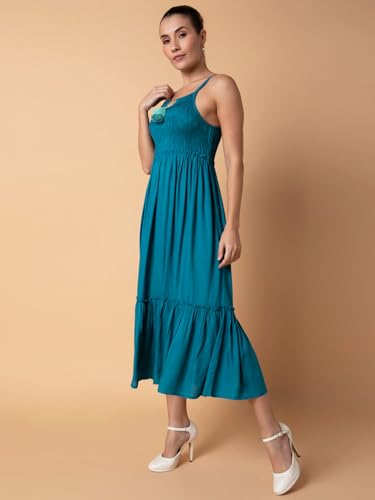 Image of SHOWOFFFF Women Solid Fit and Flare Casual Dress | Shoulder Straps Sleeveless Cotton Dress for Womens | Midi Dress for Women's
