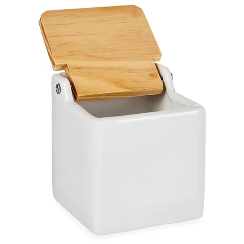 Salero de Cocina de Cerámica Cuadrado con Tapa Abatible de Madera, Tarro Multiusos para Sal, Azúcar y Especias, Diseño Elegante y Resistente, Ideal para el Hogar y Restaurante, Blanco
