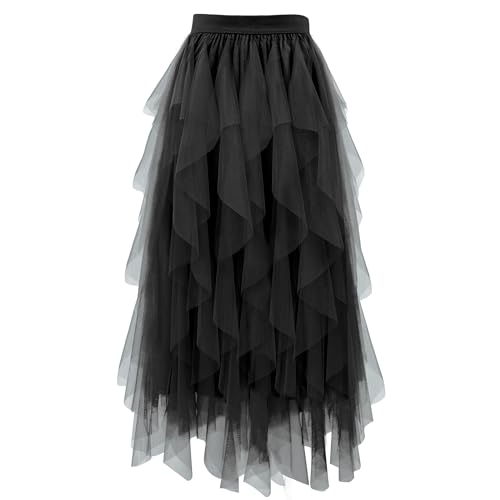 Girstunm Layered Mesh Skirt for Women Midi Length High Waisted