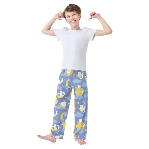 Boys' Pants Cute White Cat Moon Long Bottoms Jogger Pants Elastic Waist Trousers with Pockets S-XL2