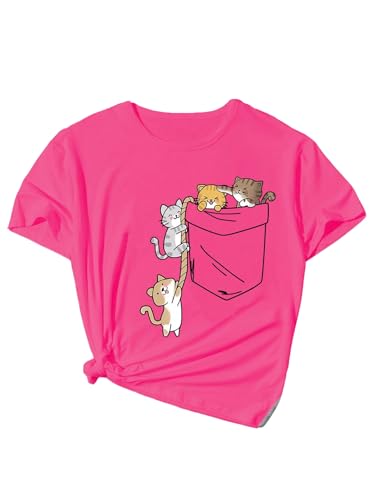 SweatyRocks Girl's Cute Cats Graphic Tees Round Neck Short Sleeve T Shirts Summer Tops