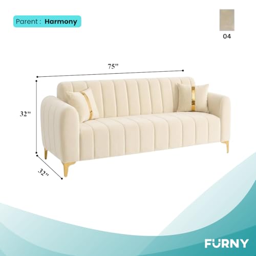 Image of FURNY Harmony 3 Seater Fabric Sofa Set & Golden Legs (Cream) with Velvet Finish | Durable Comfort | Ideal for Living Room