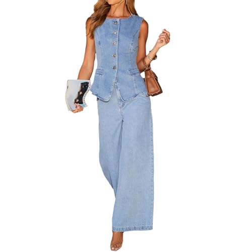 Women's Denim 2 Piece Set Sleeveless Button Down Jean Blazer Vest Tops and Wide Leg Jeans Two Piece Outfit Suits3