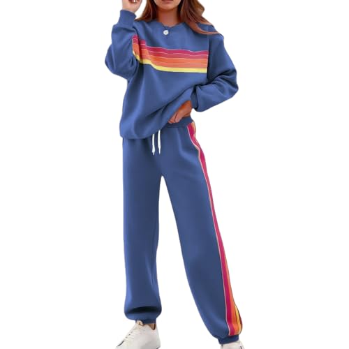 Women's 2 Piece Lounge Outfit Rainbow Striped Sweatshirt High Waist Sweatpants Workout Set Travel Track Suit Sweatsuit2