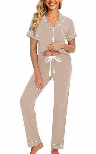 Image of WJing Yi Jia Womens Soft Pajamas Set XS-XXL Button Down Sleepwear Short Sleeves Pajama sets with Long Pants Pj Set Nightwear