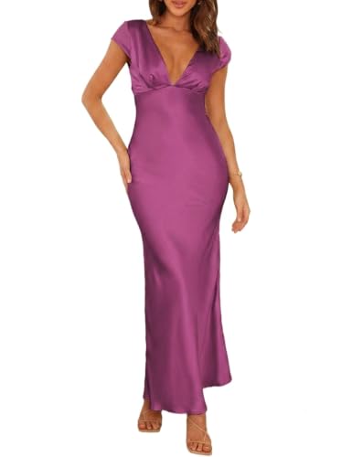 Image of Halfisland Womens Summer Satin V Neck Cap Sleeve Midi Dress Wedding Guest