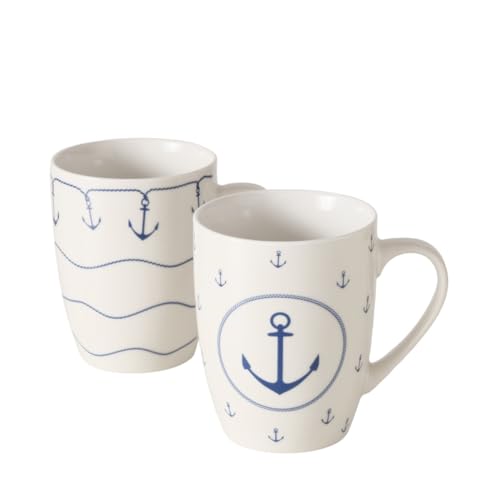 RiloStore - Set di 2 tazze da caffè con ancora da 400 ml, in porcellana, decorative, motivo marittimo, vin brulé