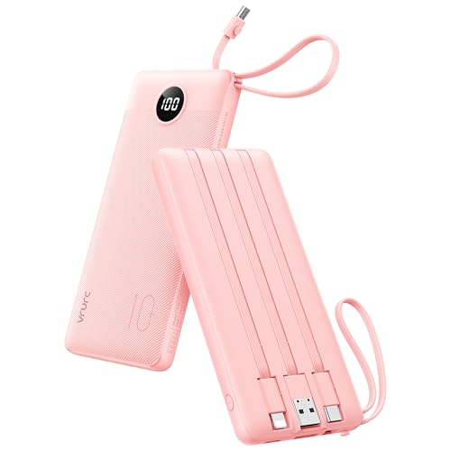 Image of VRURC Portable Charger Power Bank, 10000mAh Travel Essentials Battery Pack, 5 Outputs 2 Inputs Slim Charging Bank Built-in Cables Cords Wires Compatible with iPhone,Samsung,Android-Pink(1 Pack)