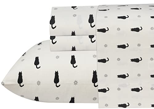 Ruvanti Flannel Sheets King Size - 100% Cotton Brushed Flannel Bed Sheet Sets - Deep Pockets 16 Inches (Fits Up To 18") - All Seasons Breathable & Super Soft - Warm & Cozy - 4 Pcs - Black Cat #TOP1