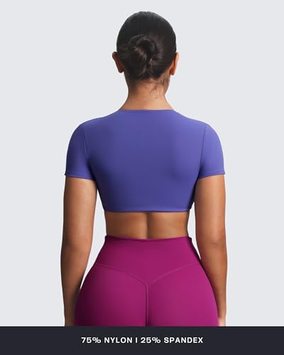 Image of Aoxjox Short Sleeve Crop Tops for Women Sienna Twist Deep V Workout Cropped T Shirt Top