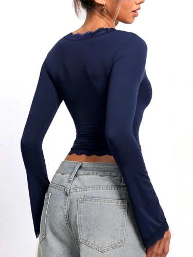 Image of OZICERD Women Bell Long Sleeve Shirts Cute Going Out Top Lace Trim Square Neck Double Lined Fitted Basic Tops Y2k Tight Slim