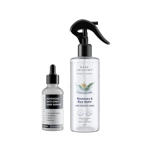 Bare Anatomy Advanced Anti-Grey Serum (50ml) + Rosemary Water Spray for Hair Growth (200ml) | With Silverfree Peptide, Biotin, Rosemary & Rice Water | Reduces Greying & Promotes Hair Growth