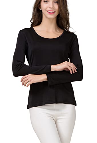 METWAY Women's Mulberry Silk T-Shirt Long Sleeve Pure Silk tee Shirt/Crew Neck Silk Blouse Undershirt3