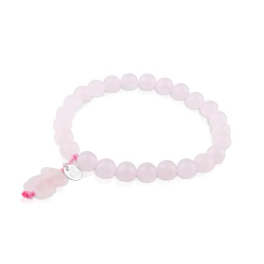 TOUS Pulsera ajustable de mujer de cuarzo rosa y placa de plata de primera ley, Diámetro 16 cm. Título