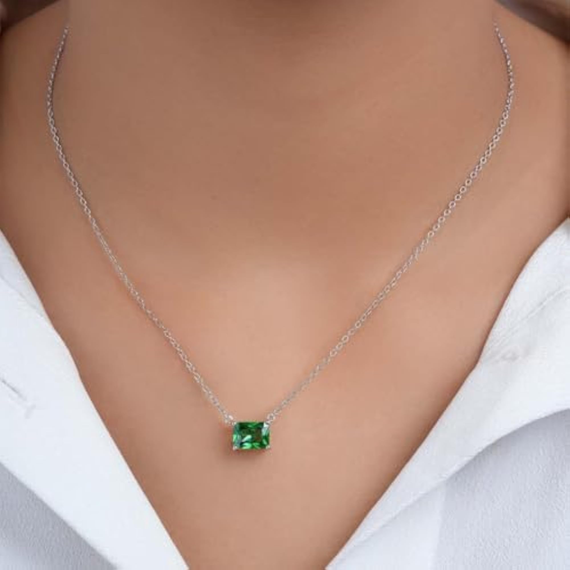 925 Sterling Silver Emerald Solitaire Necklace, Gift for Women