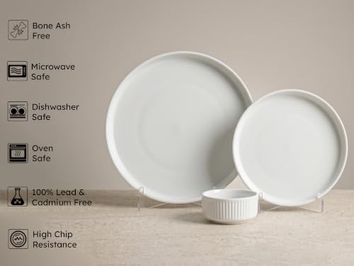 Image of Bodhi House 18 Piece Porcelain Dinner Set for 6, White Dinnerware Set with 6 Dinner Plates, 6 Quarter Plates & 6 Katori, Microwave & Dishwasher Safe, Chip Resistant Crockery Set for Home, Gift