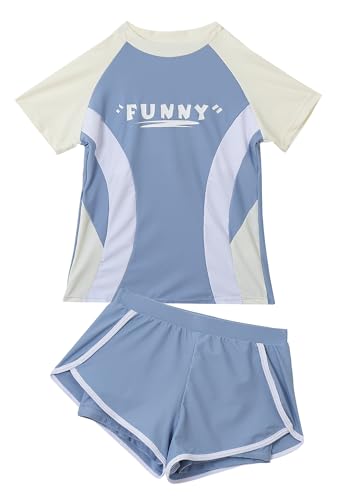 SEAUR Girls Rash Guard Swimsuit Short Sleeve Swim Top and Shorts Kids 2 Piece Bathing Suit Sun Protection Beach Swimwear