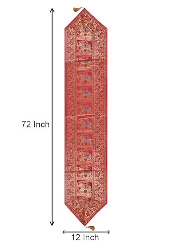 Image of Banarasi Brocade Zari Silk Table Runner Dinning & Centre Table Runner 177 By 30 CM (Red, Elephant)