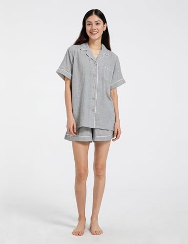 Image of Womens Muslin Pajama Sets 100% Cotton Double Gauze Linen Like Short Pjs | Breathable Soft Comfort Button Up Loungewear Sleepwear PJ Set