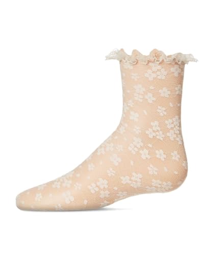 MeMoi Girls Lace-Trim Lettuce-Edge Floral Net Ankle Sock