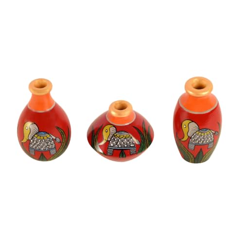 Image of Aakriti Art Creations Joyful Elephants Terracotta Vase Set of 3 (Red) | Hand-Painted Madhubani Art Flower Vases | Matte Finish Decorative Vases for Living Room, Table Decor & Gifting