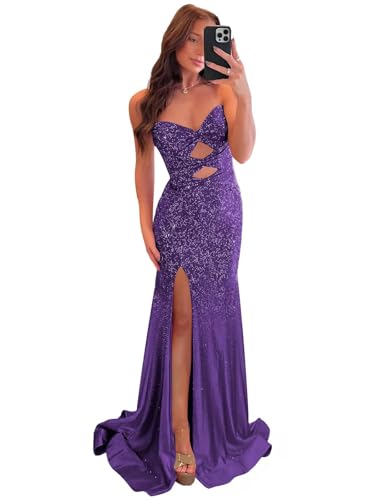 Bolodoo Off the Shoulder Sequin Prom Dress with Long Split Mermaid Beaded Formal Gowns Purple Size 2