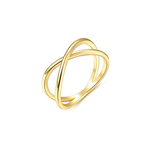 Valloey Rover Womens 14k Gold Starking Rings,Double X Criss Cross Open Bar Double Bar Parallel Cuff Half Circle Infinity Adjustable Ring Engagement Wedding Lady Girls Band