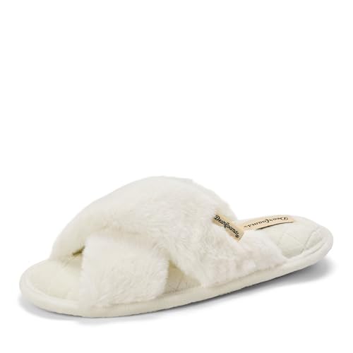Dearfoams Women's Jessica Fuzzy Cross Band Slide Slipper