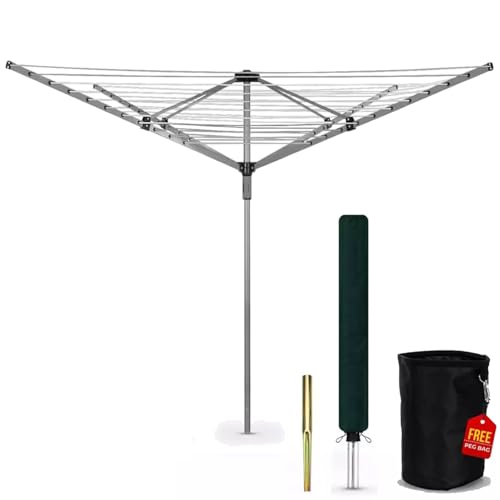 MEHRU Heavy Duty Rotary Washing Line Outdoor 4 Arm 60M Clothes Airer with Peg Bag Metal Ground Spike Waterproof Cover Foldable Garden Dryer Whirlygig Laundry Spinner Weatherproof Portable Drying Horse