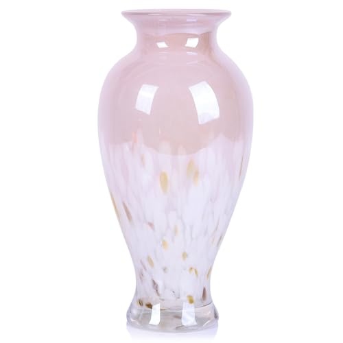 oliruim 11.8" Tall Pink White Blown Glass Vase, Colorful Opaque Glass Vase, Unique Design Wide Mouth Art Decoration for Home, Living Room, Dining Table, Pampas Grass Decor (Pink White)