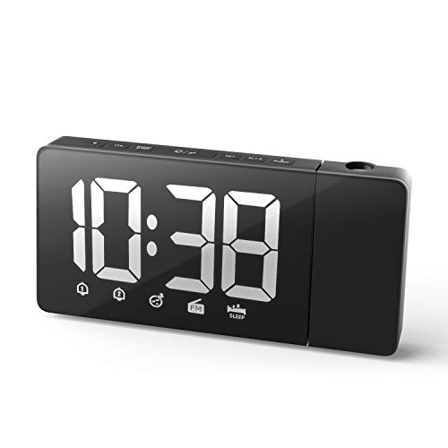 Projection Alarm Clock for Bedrooms 15 FM Radio Digital Alarm Clock with 5   Large Curved LED Display and with 6 Auto Dimmer Modes, Ceiling Display(White)