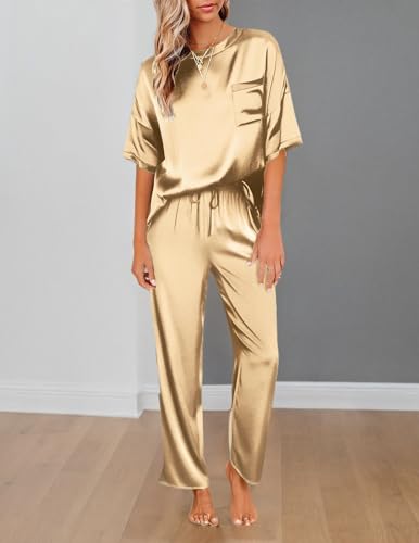 Image of Ekouaer Womens Satin Silky Pajama Set Short Sleeve Shirt with Long Pajama Pant Set Soft PJ Loungewear