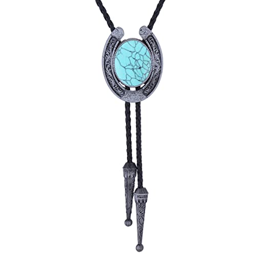 Image of GelConnie Bolo Tie for Men Women Western Cowboy Turquoise Leather Necktie | Natural Stone Bolo Tie Necklace for Women Rodeo Cowboy Leather Necktie Native American Western Cowgirl Ties Adjustable Cord