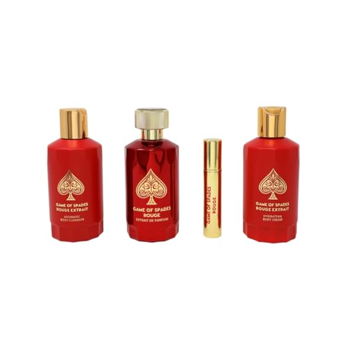 Jo Milano Game of Spades ROUGE EXTRAIT 4-Piece Gift Set Unisex, (3.4 Oz Extrait de Parfum Spray + 6.8 Oz Body Cleanser + 6.8 Oz Body Cream + 0.27 Oz Refillable Atomizer)