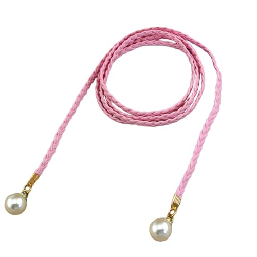 Braided Woven Tassels Chain Belt Women's Waist Belt PU Leather Rope Belt with Pearl, Boho Fringe Belt for Dress, Pink