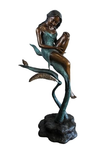 Estatua de bronce niña sentada en vid con pájaro 26x24x53 in