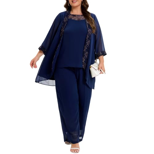 Women's Plus Size Mother of Bride Pant Suits 3 Piece Chiffon Party Sets Lace Splicing Design Evening Gowns