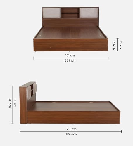 Image of Mintwud Pepperfry Yokohama Queen Size Bed in Planked Walnut Finish with Box Storage & Upholstered Headboard Storage | Stylish & Functional Wooden Bed with Ample Storage Space