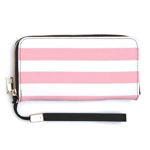 Horizontal Light Pink And White Stripes PU Leather Clutch Long Bifold Wallet, Coin Purse Credit Pass Case, Durable Card-Holder Money Storage for Women Men