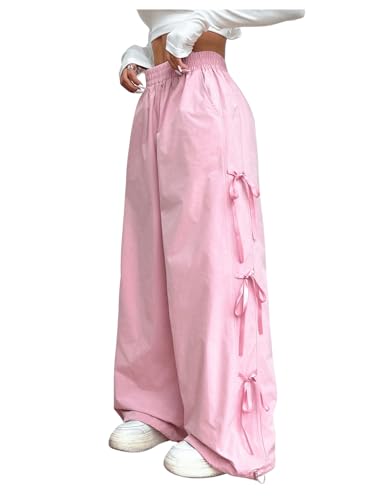 SweatyRocks Women's Y2K Elastic Waist Wide Leg Pants Bowknot Side Trousers with Pockets4